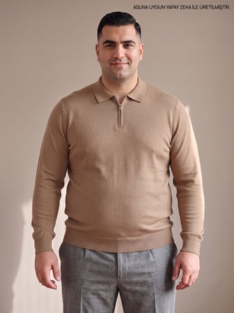 Maccali Taba Erkek Büyük Beden Düz Fermuarlı Polo Yaka Triko Kazak