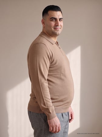 Maccali Taba Erkek Büyük Beden Düz Fermuarlı Polo Yaka Triko Kazak