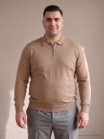 Maccali Taba Erkek Büyük Beden Düz Fermuarlı Polo Yaka Triko Kazak