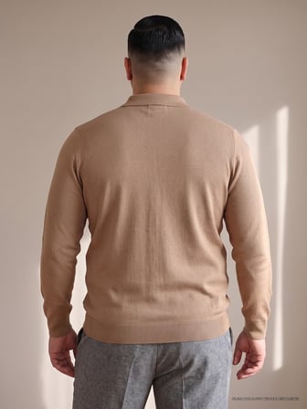Maccali Taba Erkek Büyük Beden Düz Fermuarlı Polo Yaka Triko Kazak