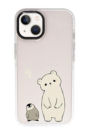 iPhone 15 Uyumlu Penguen ve Ayıcık Desenli Candy Bumper Darbe Emci Silikonlu Telefon Kılıfı 