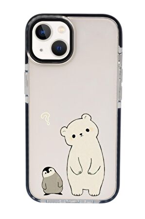 iPhone 15 Uyumlu Penguen ve Ayıcık Desenli Candy Bumper Darbe Emci Silikonlu Telefon Kılıfı 