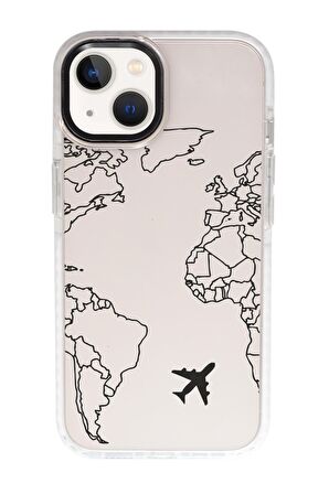 iPhone 15 Uyumlu World Map Lines Desenli Candy Bumper Darbe Emci Silikonlu Telefon Kılıfı 