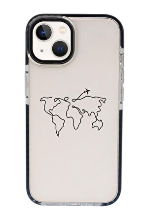 iPhone 15 Uyumlu Dünya Harita Rota Desenli Candy Bumper Darbe Emci Silikonlu Telefon Kılıfı 