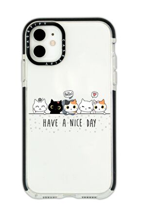 iPhone 11 Casetify Şirin Kedicikler Desenli Anti Shock Premium Silikonlu Siyah Kenar Detaylı Telefon Kılıfı