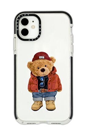 iPhone 12 Casetify Teddy Bear Desenli Anti Shock Premium Silikonlu Siyah Kenar Detaylı Telefon Kılıfı