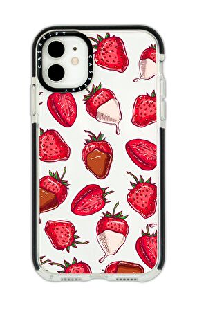 iPhone 12 Casetify Çikolatalı Çilekler Desenli Anti Shock Premium Silikonlu Siyah Kenar Detaylı Telefon Kılıfı