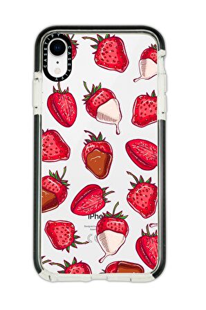 iPhone XR Casetify Çikolatalı Çilekler Desenli Anti Shock Premium Silikonlu Siyah Kenar Detaylı Telefon Kılıfı