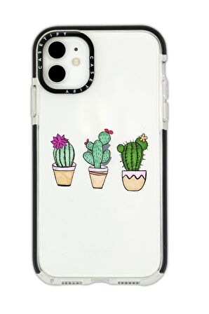 iPhone 12 Casetify Üçlü Kaktüs Desenli Anti Shock Premium Silikonlu Siyah Kenar Detaylı Telefon Kılıfı