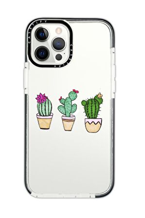 iPhone 12 Pro Casetify Üçlü Kaktüs Desenli Anti Shock Premium Silikonlu Siyah Kenar Detaylı Telefon Kılıfı