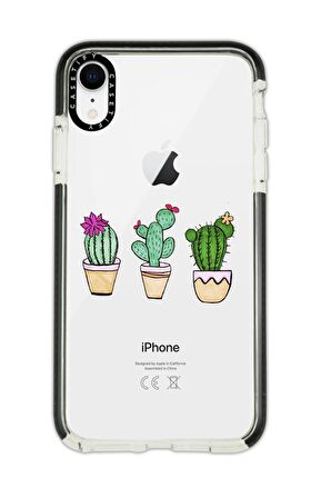 iPhone XR Casetify Üçlü Kaktüs Desenli Anti Shock Premium Silikonlu Siyah Kenar Detaylı Telefon Kılıfı