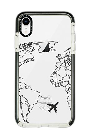 iPhone XR Casetify World Map Lines Desenli Anti Shock Premium Silikonlu Siyah Kenar Detaylı Telefon Kılıfı