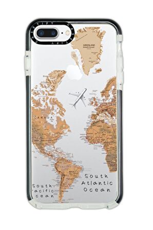 iPhone 7 Plus Casetify Dünya Harita Desenli Anti Shock Premium Silikonlu Siyah Kenar Detaylı Telefon Kılıfı