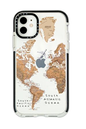iPhone 11 Casetify Dünya Harita Desenli Anti Shock Premium Silikonlu Siyah Kenar Detaylı Telefon Kılıfı