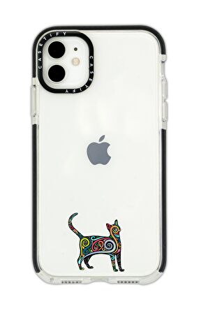 iPhone 12 Casetify Mandala Cat Desenli Anti Shock Premium Silikonlu Siyah Kenar Detaylı Telefon Kılıfı