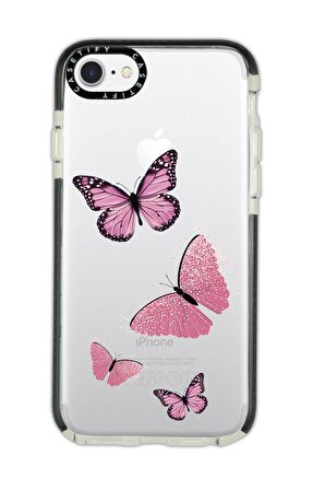 iPhone 8 Casetify Pembe Kelebekler Desenli Anti Shock Premium Silikonlu Siyah Kenar Detaylı Telefon Kılıfı