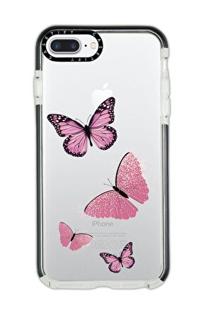 iPhone 8 Plus Casetify Pembe Kelebekler Desenli Anti Shock Premium Silikonlu Siyah Kenar Detaylı Telefon Kılıfı