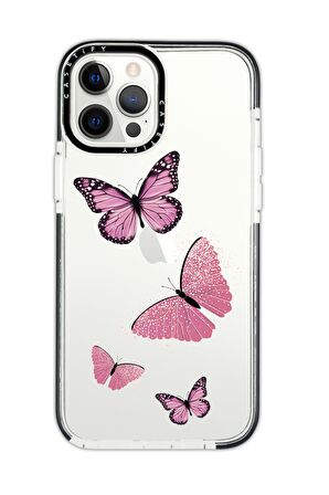 iPhone 11 Pro Casetify Pembe Kelebekler Desenli Anti Shock Premium Silikonlu Siyah Kenar Detaylı Telefon Kılıfı