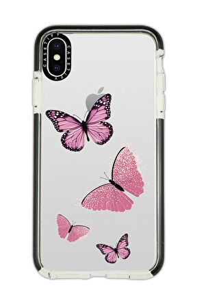 iPhone X Casetify Pembe Kelebekler Desenli Anti Shock Premium Silikonlu Siyah Kenar Detaylı Telefon Kılıfı