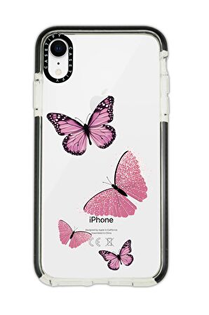 iPhone XR Casetify Pembe Kelebekler Desenli Anti Shock Premium Silikonlu Siyah Kenar Detaylı Telefon Kılıfı