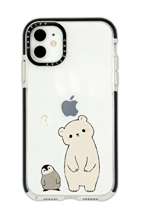 iPhone 11 Casetify Penguen ve Ayıcık Desenli Anti Shock Premium Silikonlu Siyah Kenar Detaylı Telefon Kılıfı