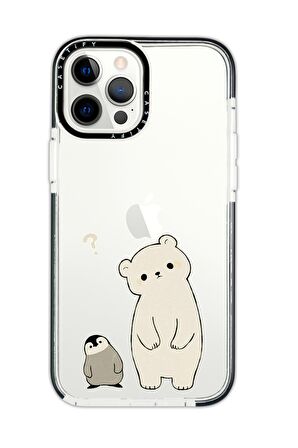 iPhone 12 Pro Max Casetify Penguen ve Ayıcık Desenli Anti Shock Premium Silikonlu Siyah Kenar Detaylı Telefon Kılıfı