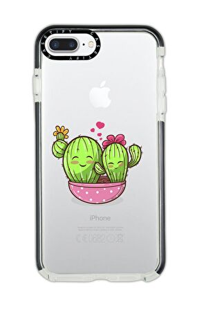 iPhone 7 Plus Casetify Sevimli Kaktüsler Desenli Anti Shock Premium Silikonlu Siyah Kenar Detaylı Telefon Kılıfı