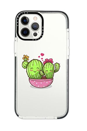 iPhone 12 Pro Casetify Sevimli Kaktüsler Desenli Anti Shock Premium Silikonlu Siyah Kenar Detaylı Telefon Kılıfı