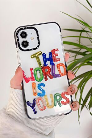iPhone 12 Casetify The World Is Yours Desenli Anti Shock Premium Silikonlu Siyah Kenar Detaylı Telefon Kılıfı