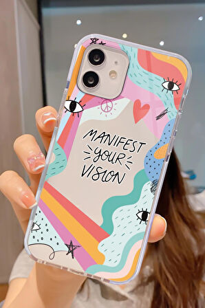 iPhone 12 Pro Uyumlu Manifest Desenli Candy Bumper Darbe Emici Silikonlu Telefon Kılıfı