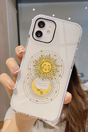 iPhone 12 Pro Uyumlu Moon and Sun Desenli Candy Bumper Darbe Emici Silikonlu Telefon Kılıfı