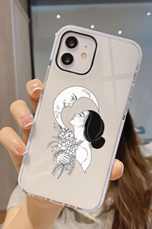 iPhone 12 Pro Uyumlu Moon and Women Desenli Candy Bumper Darbe Emici Silikonlu Telefon Kılıfı