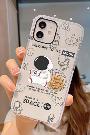 iPhone 12 Pro Uyumlu Sevimli Astronot Desenli Candy Bumper Darbe Emici Silikonlu Telefon Kılıfı
