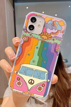 iPhone 12 Pro Uyumlu Sevimli Karavan Desenli Candy Bumper Darbe Emici Silikonlu Telefon Kılıfı