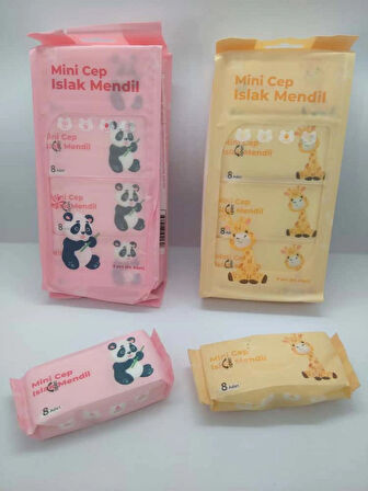 SEVİMLİ ZÜRAFA VE PANDA TEMALI MİNİ CEP ISLAK MENDİLİ (2 PAKET)