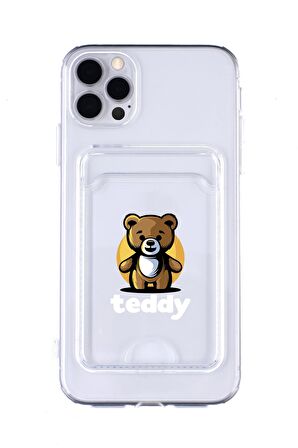 iPhone 11 Pro Max Uyumlu Teddy Desenli Şeffaf Kamera Korumalı ve Kartlıklı Telefon Kılıfı