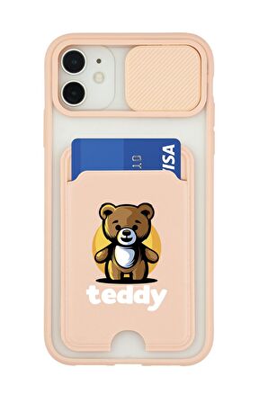 iPhone 11 Uyumlu Teddy Desenli Kamera Korumalı ve Kartlıklı Telefon Kılıfı