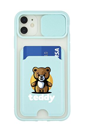 iPhone 11 Uyumlu Teddy Desenli Kamera Korumalı ve Kartlıklı Telefon Kılıfı