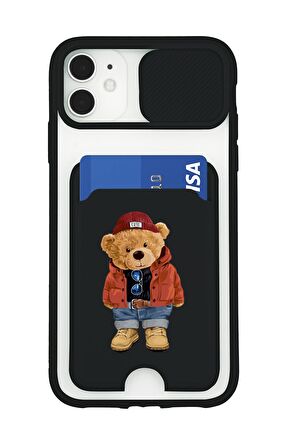 iPhone 11 Uyumlu Teddy Bear Desenli Kamera Korumalı ve Kartlıklı Telefon Kılıfı