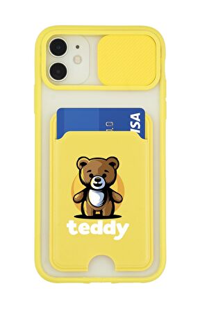 iPhone 12 Uyumlu Teddy Desenli Kamera Korumalı ve Kartlıklı Telefon Kılıfı