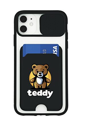 iPhone 12 Uyumlu Teddy Desenli Kamera Korumalı ve Kartlıklı Telefon Kılıfı