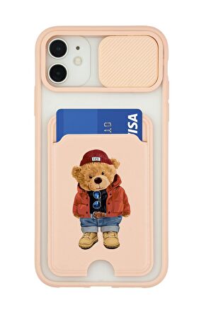 iPhone 12 Uyumlu Teddy Bear Desenli Kamera Korumalı ve Kartlıklı Telefon Kılıfı