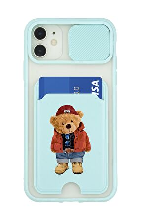 iPhone 12 Uyumlu Teddy Bear Desenli Kamera Korumalı ve Kartlıklı Telefon Kılıfı