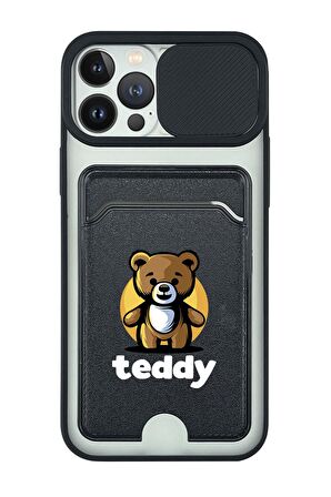 iPhone 13 Pro Max Uyumlu Teddy Desenli Kamera Korumalı ve Kartlıklı Telefon Kılıfı