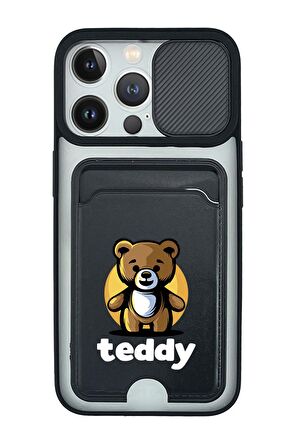iPhone 13 Pro Uyumlu Teddy Desenli Kamera Korumalı ve Kartlıklı Telefon Kılıfı