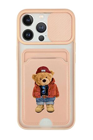 iPhone 13 Pro Uyumlu Teddy Bear Desenli Kamera Korumalı ve Kartlıklı Telefon Kılıfı