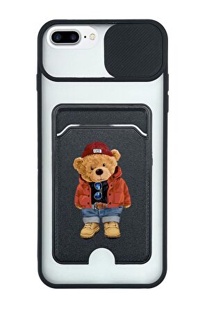 iPhone 7 Plus Uyumlu Teddy Bear Desenli Kamera Korumalı ve Kartlıklı Telefon Kılıfı