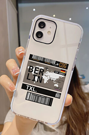 iPhone 12 Pro Uyumlu Berlin Ticket Desenli Candy Bumper Darbe Emici Silikonlu Telefon Kılıfı