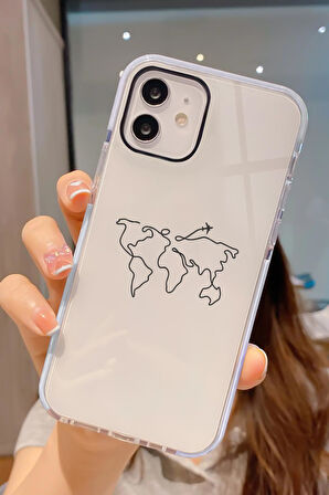 iPhone 12 Pro Uyumlu Dünya Harita Rota Desenli Candy Bumper Darbe Emici Silikonlu Telefon Kılıfı