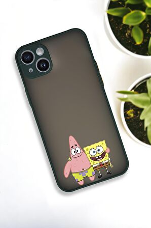 iPhone 13 Uyumlu Sünger Bob ve Patrick Star Desenli Buzlu Şeffaf Lüx Telefon Kılıfı